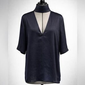 Theory Slit Collar V-Neck Crushed Satin Blouse, S, like new
